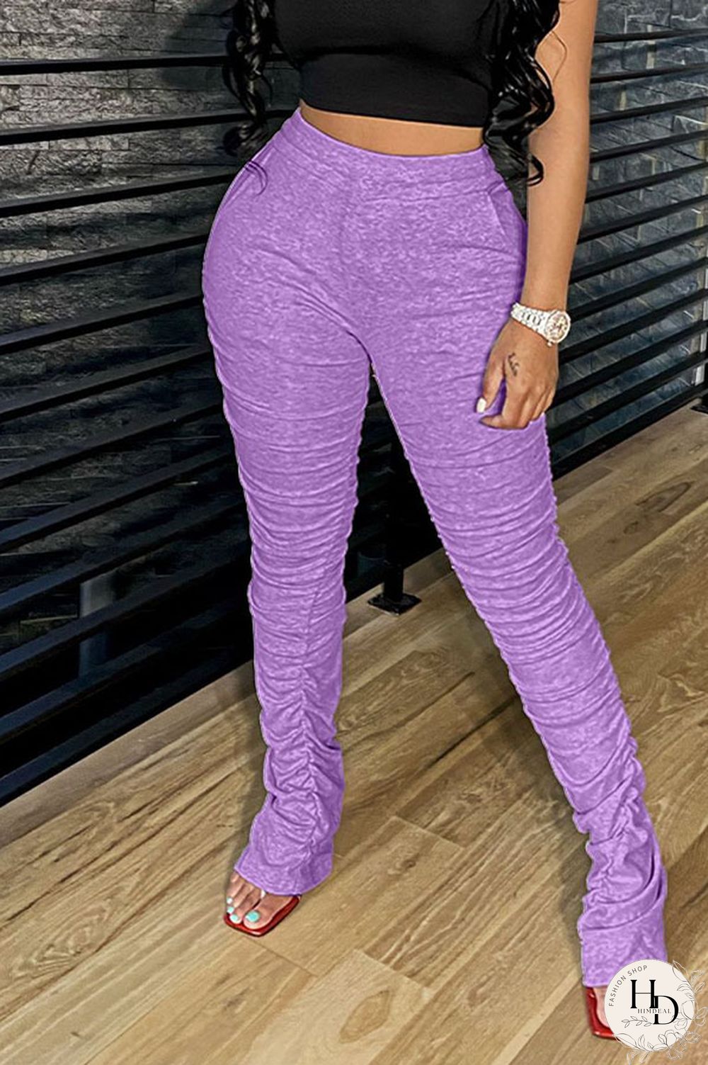 Black Street Polyester Solid Fold Skinny Bottoms