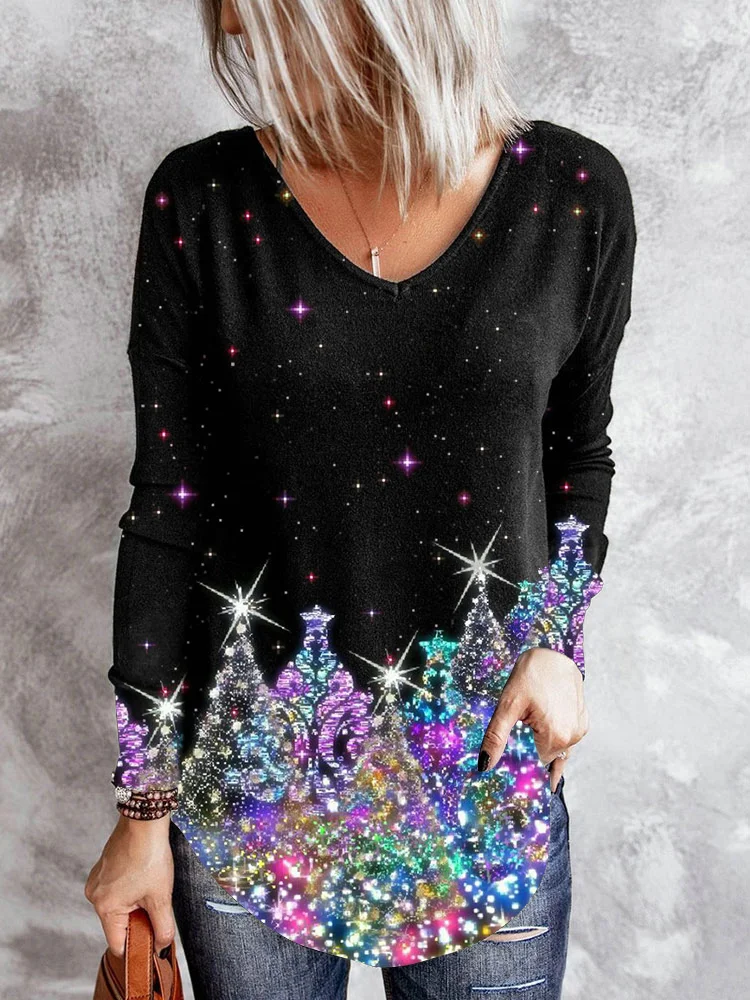 Christmas Tree V Neck Casual Long Sleeve T-Shirt