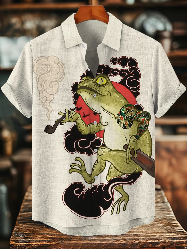 Men's Japanese Art Frog Smokes Print Short Sleeve Shirt
