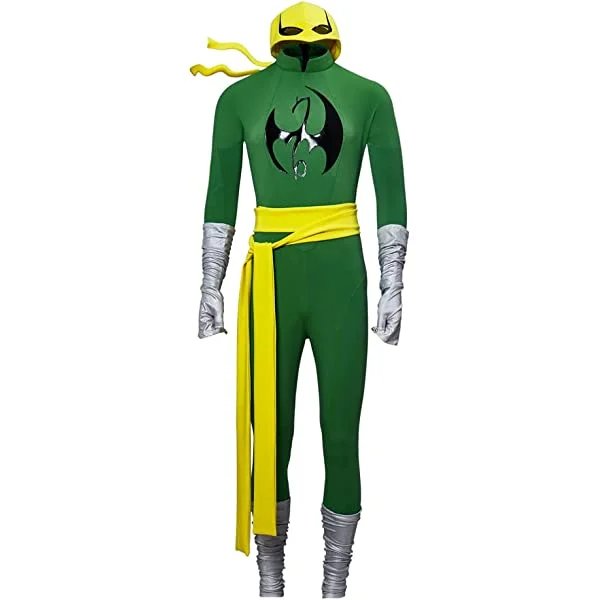 Mens Superhero Costumes Iron Fist Bodysuit Spandex Zentai Halloween Cosplay Jumpsuit