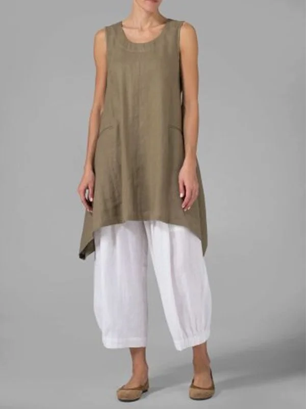 Sleeveless Round Neck Casual Plus Size Tops With Pockets