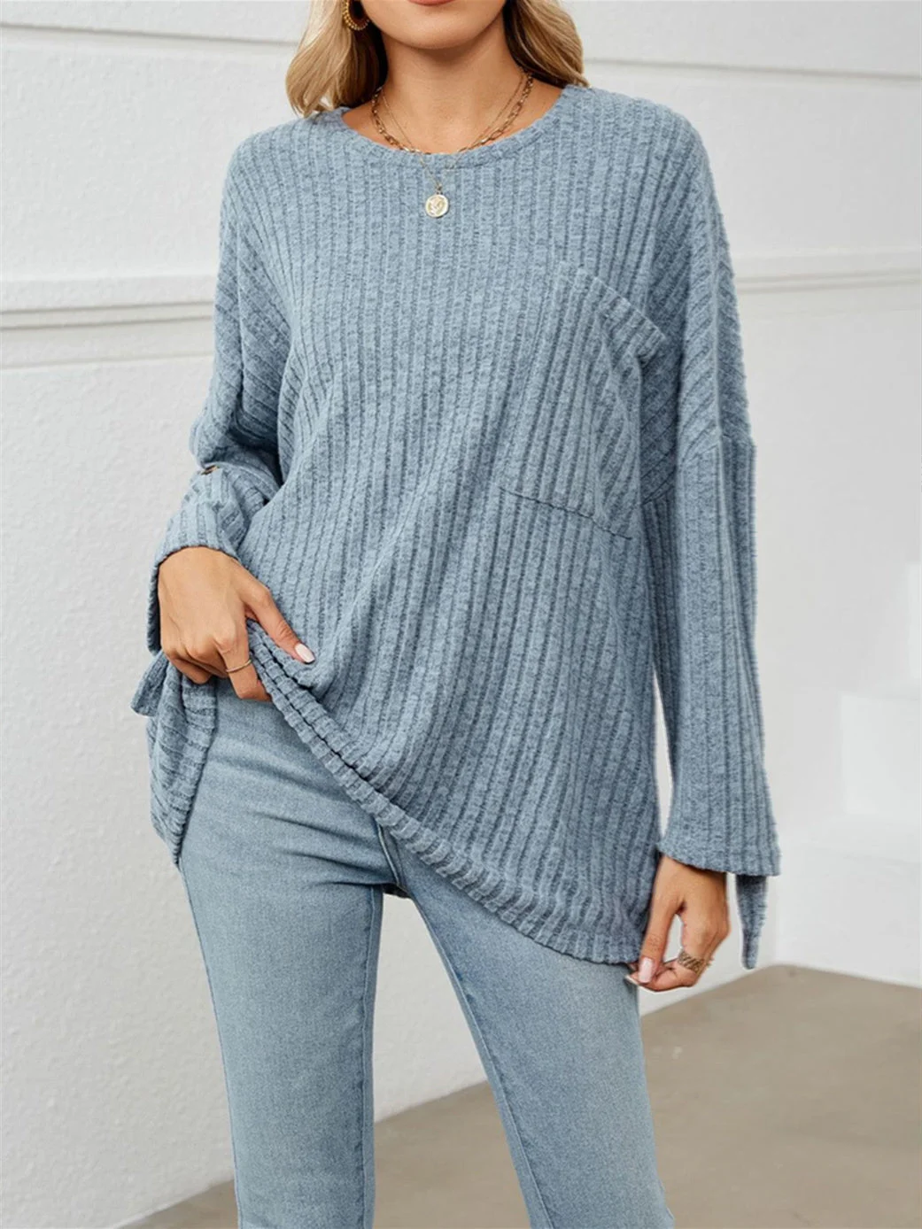 Women's Solid Color Scoop Neck Ruffled Long Sleeve Sweater Top