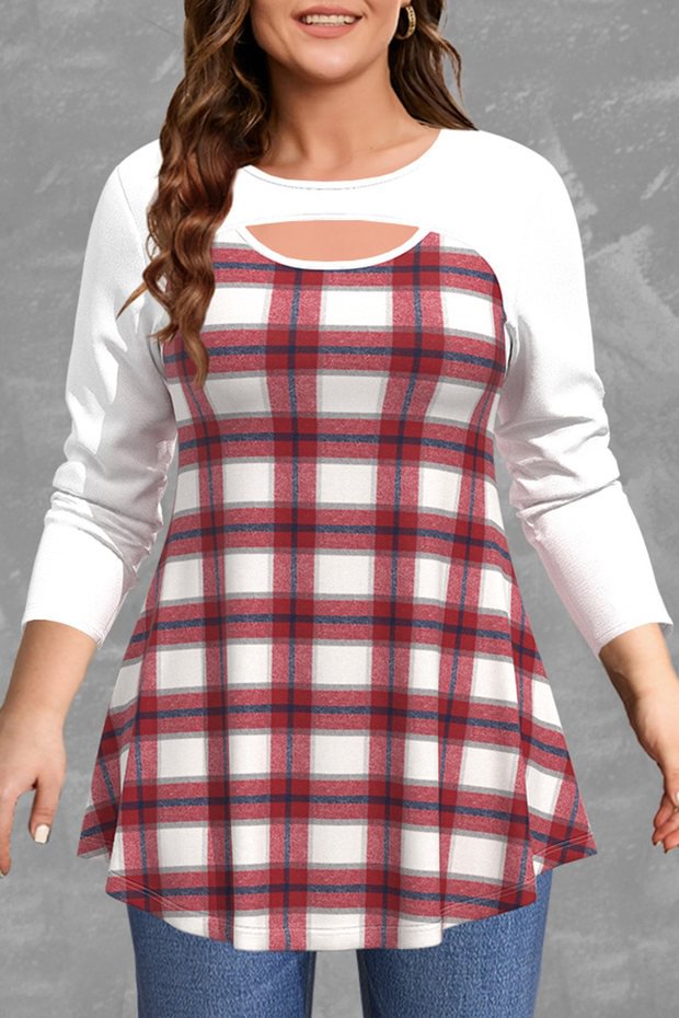 Flycurvy Plus Size Casual Burgundy Plaid Patchwork Hollow Out Blouse  flycurvy [product_label]