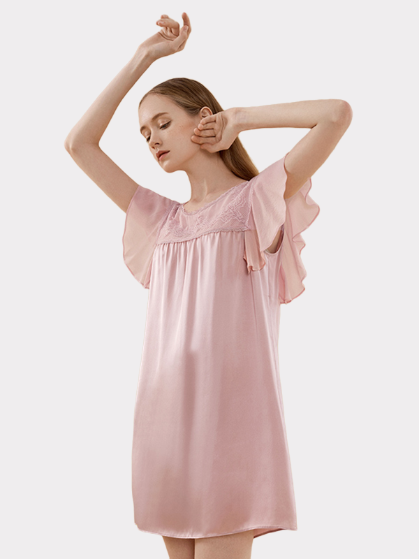 19 Momme Silk Spring Summer Lacey Stitching Loose Nightgown-Real Silk Life
