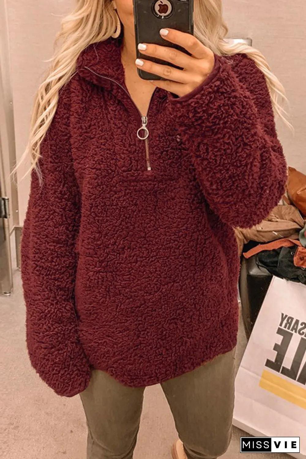 Double Pockets Zipper Plush Sweatshirt