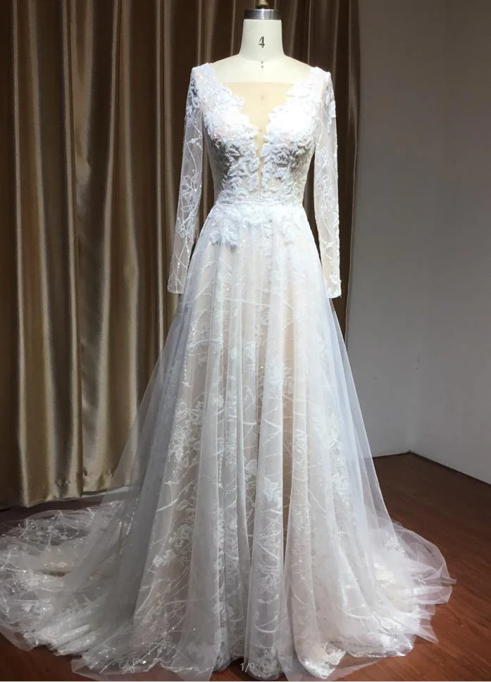 Sheer Tulle Long Sleeves A-line Illusion Wedding Dress With Lace