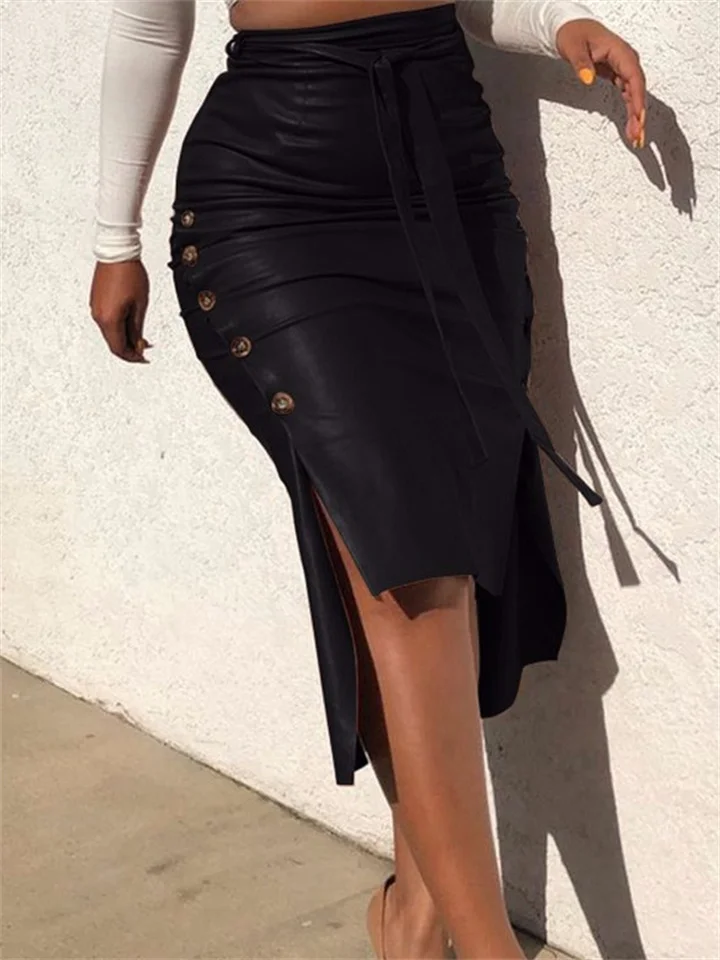 Leather Skirt Women's Dress Split Slim Mid Length Hip Wrap Skirt PU Skirt | EGEMISS