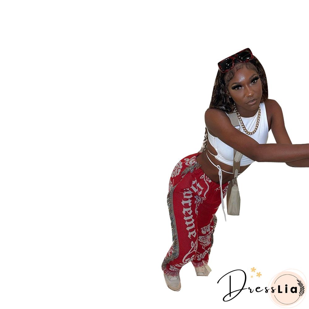 Side Tassels Patchwork Elastic Waist Women Print Jogger Pant