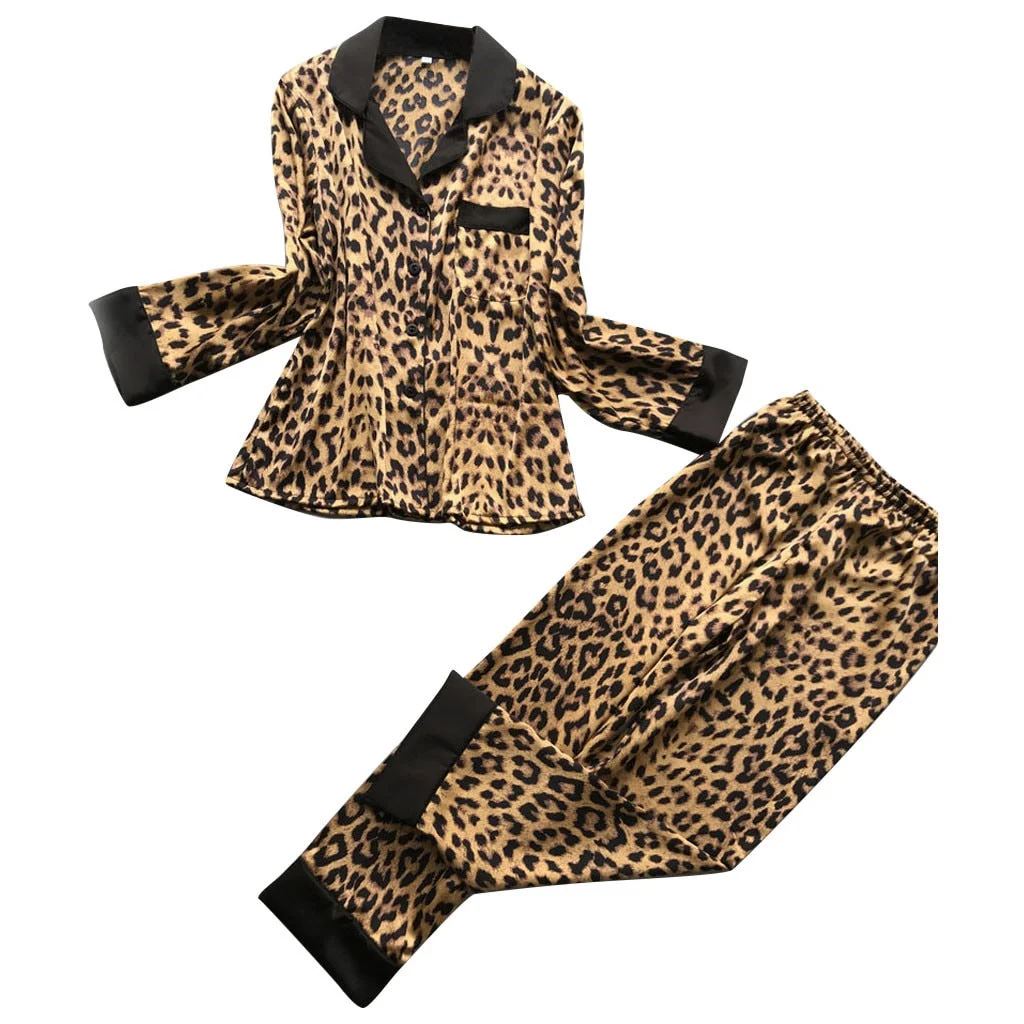 Womens Sexy Satin Leopard pyjamas women Long Sleeve Pants Lingerie Nightwear Underwear Set sexy lingerie pajamas for women 2021