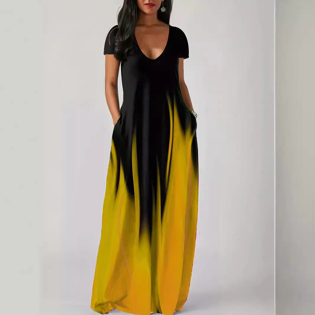 Churchf Churchf Summer Loose Print Casual Sexy Women's Dress Long Skirt Pocket Long Style Even