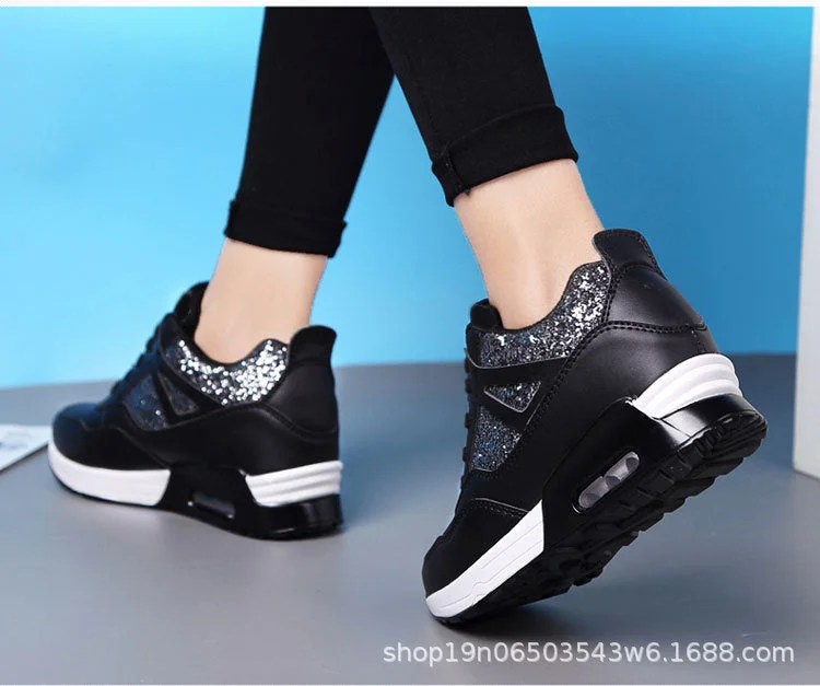 Spring Elevated Women's Shoes Air Cushion Running Shoes Breathable Sequins Thick-soled Sports Casual Shoes