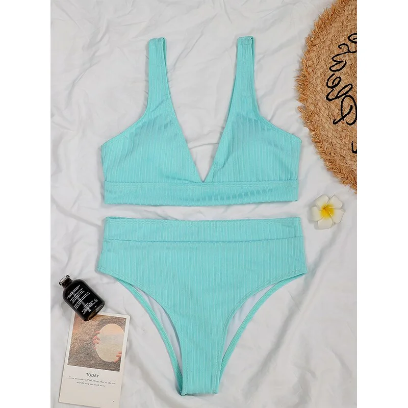 Peachtan Sexy solid ribbed bikinis 2021 mujer High waist swimsuit women V neck swimwear female Sport bathing suit Stripe biquini