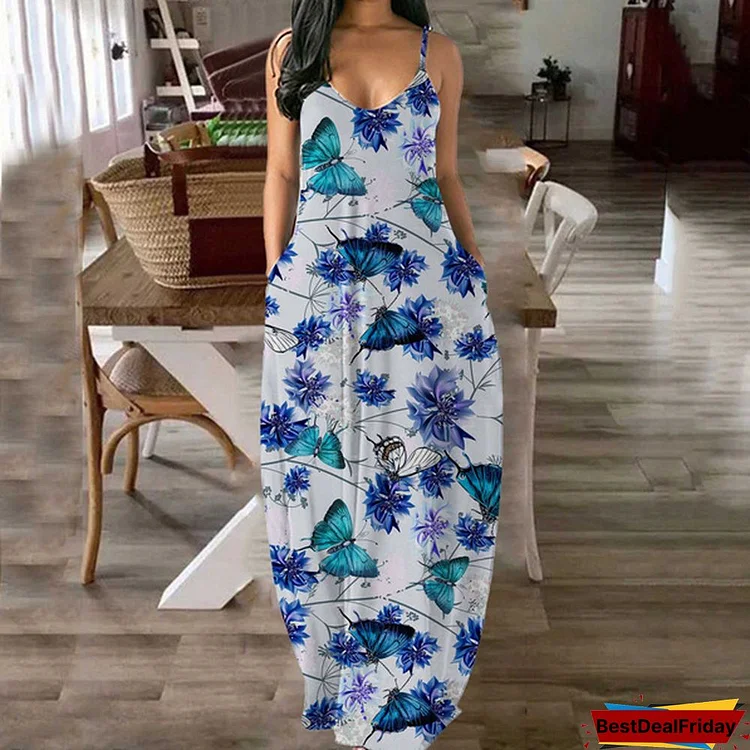 Womens Floral Print Beach Pullover Maxi Boho Sundress Loose Ankle-Length Long Slip Dress