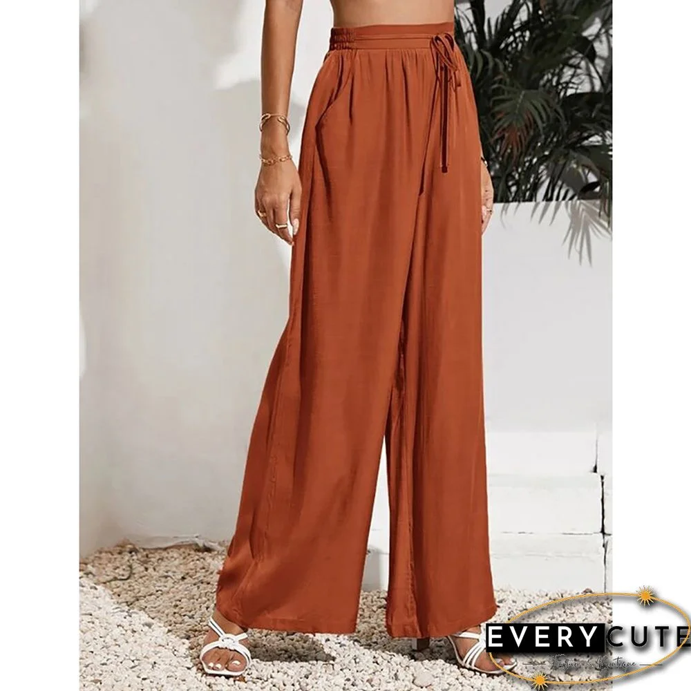 Orange Tie Waist Wide Leg Casual Pants
