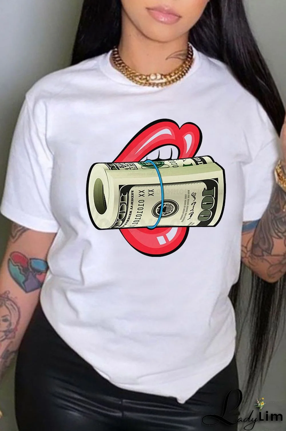 White Pink Casual Street Lips Printed Letter O Neck T-Shirts