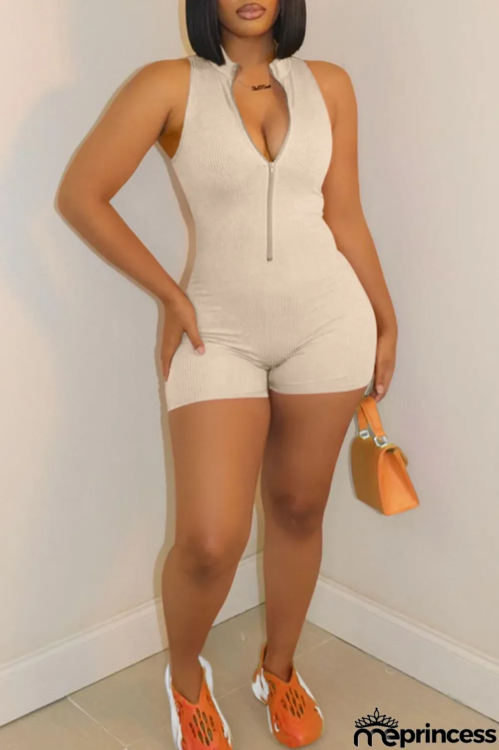 Pink Casual Solid Patchwork Zipper Collar Skinny Jumpsuits