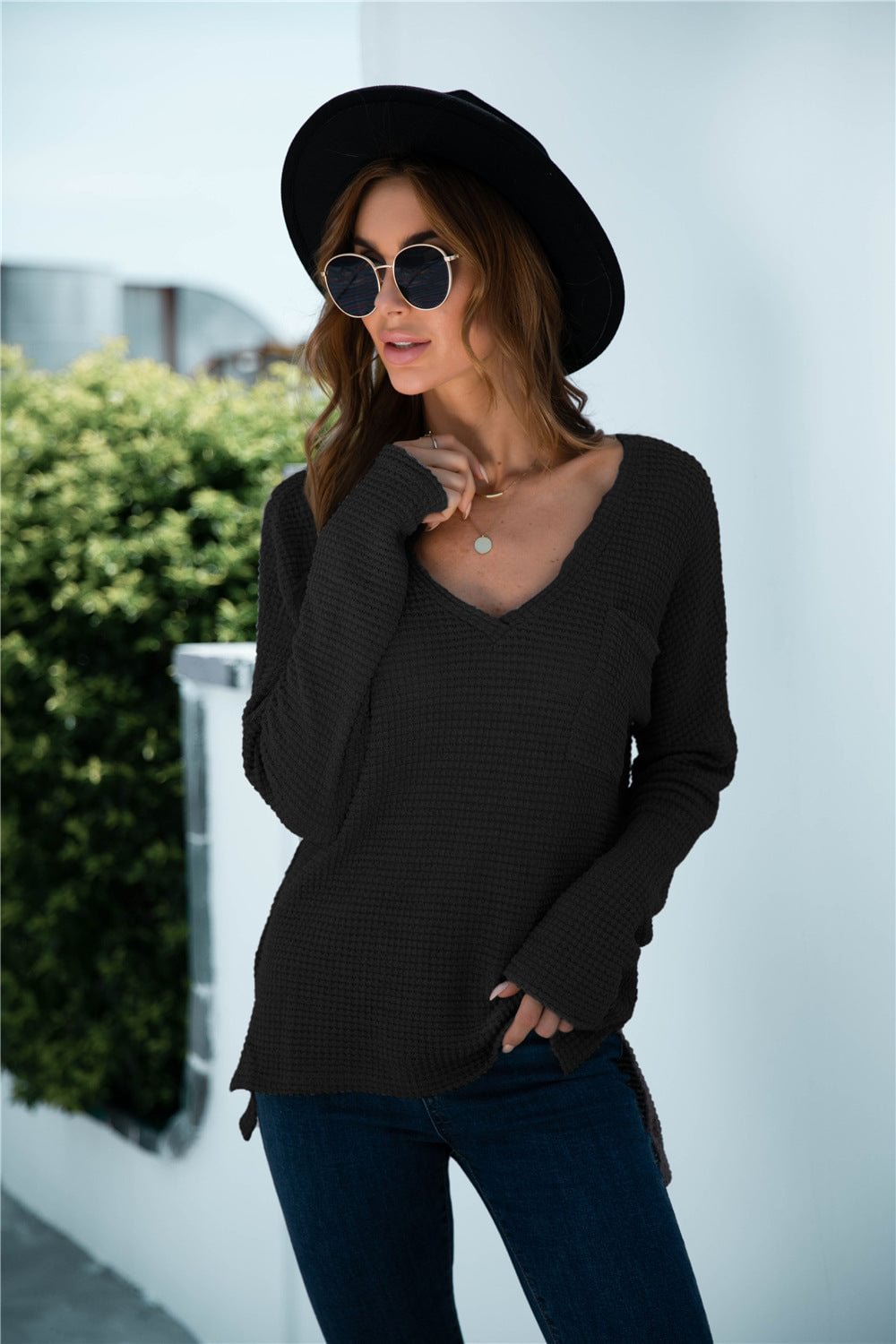 Women's Autumn Solid Color V-neck Slit Pocket Sweater