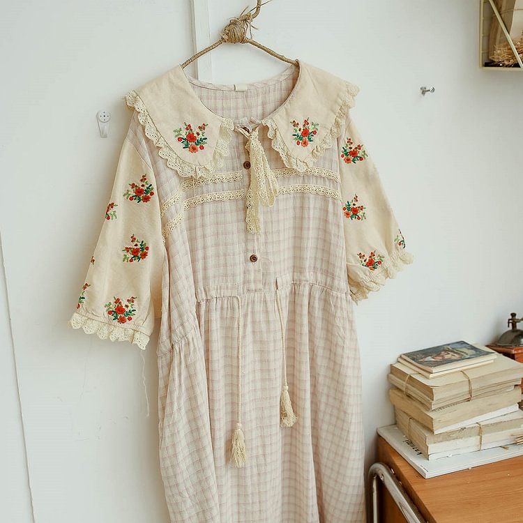 Queenfunky cottagecore style Short Sleeved Cotton Mori Girl Embroidered Dress QueenFunky