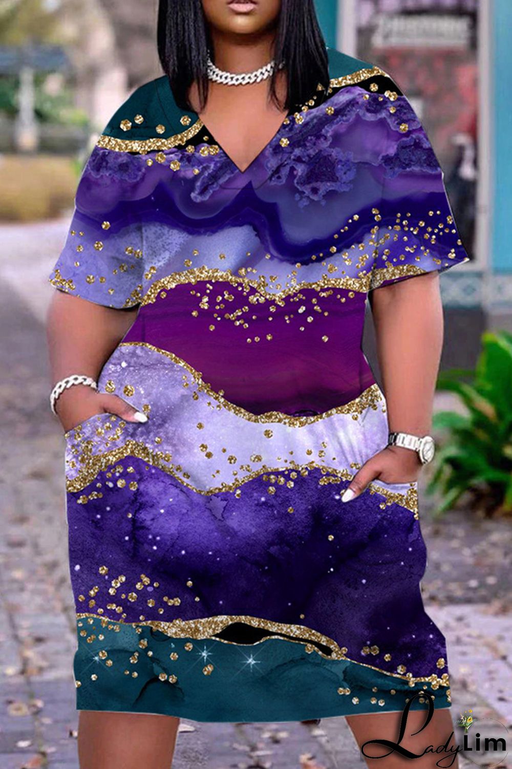 Light Blue Casual Print Basic V Neck Short Sleeve Dress Dresses