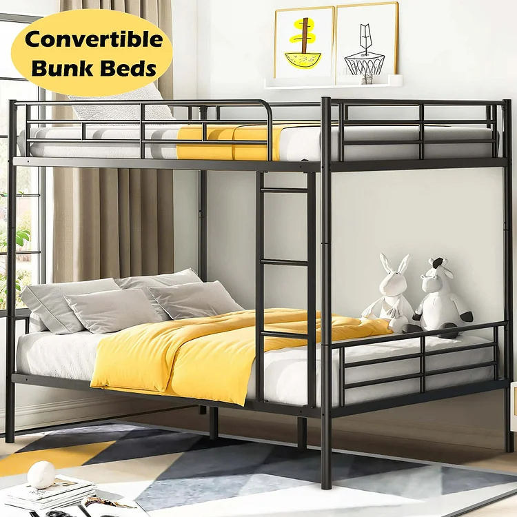 Full over Full Bunk Beds, BTMWAY Metal Bunk Beds Full Over Full Size, Full Size Convertible Bunk Beds for Kids Teens Adults, with Ladder and Safety Guardrails, Load-Bearing 350lbs, Noise-Free, Black