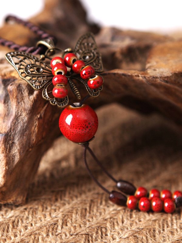 Vintage Handmade Ceramic Beads Alloy Butterfly Necklace