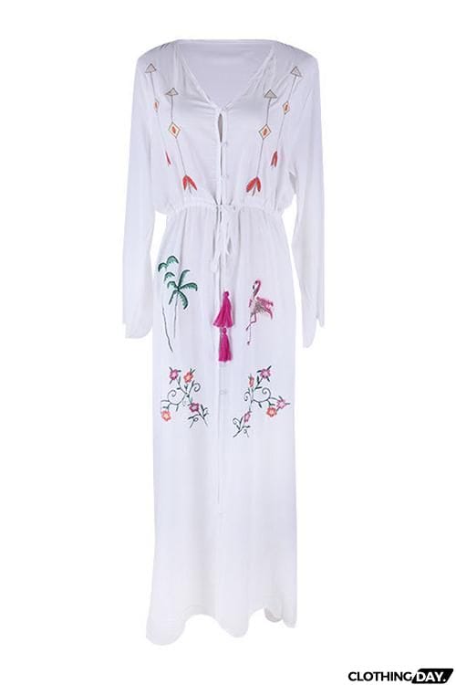 Embroidery Button Long Cardigan