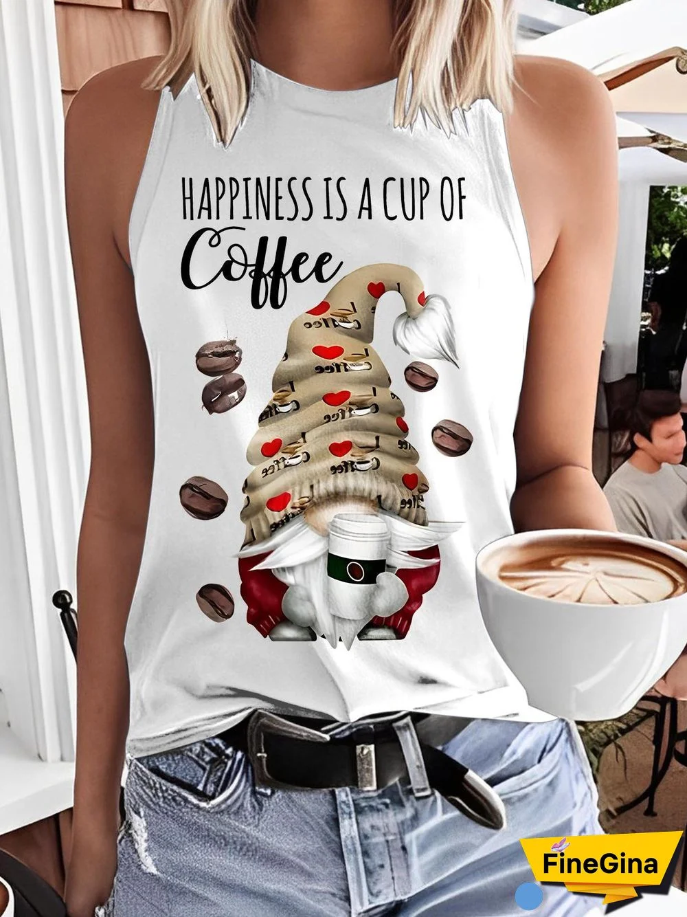 Happiness Is Cup Of Coffee Gnome Print Casual Sleevelss Top