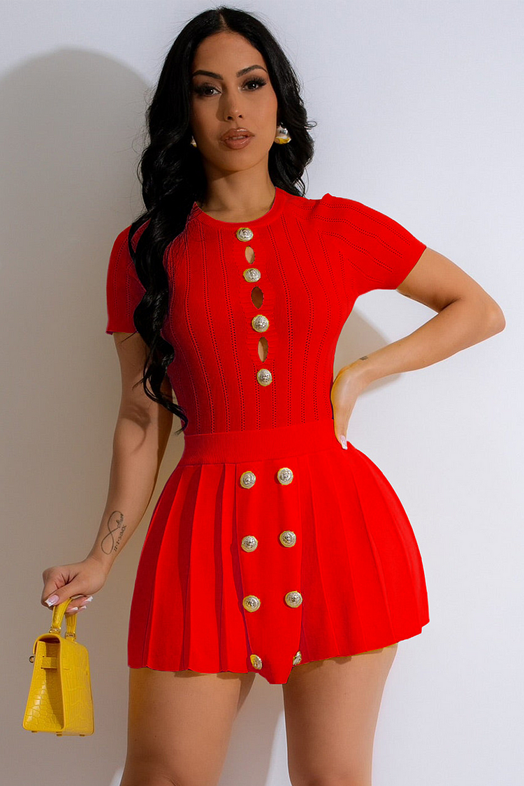Knit Cutout Short Sleeve Crop Top Button Pleated Mini Skirt Matching Set-Red