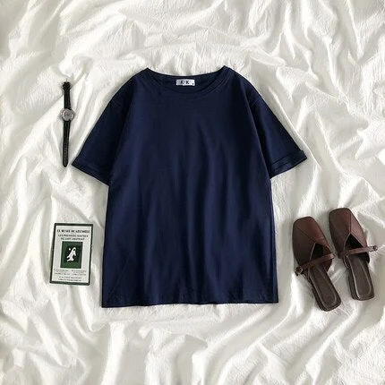 Summer Tee Shirt Solid Color Basic T-Shirt Women Casual O-neck Harajuku Top Korean Hipster Cotton Basic Tshirt