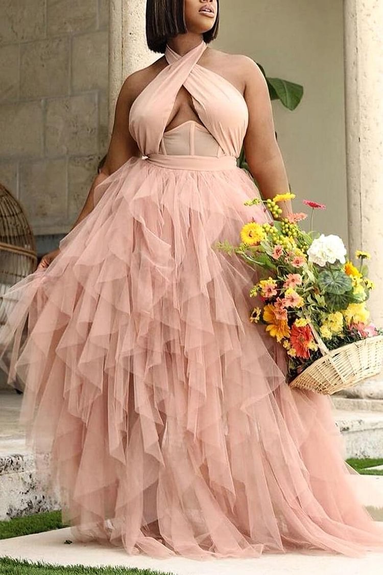 Xpluswear Plus Size Formal Dresses Pink Backless Sleeveless See-through Tulle Overlay Maxi Dress