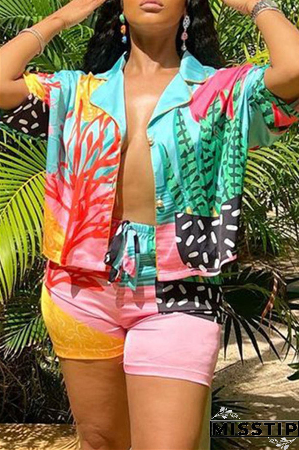 Multicolor Fashion Casual Print Basic Turndown Collar Short Sleeve Two Pieces