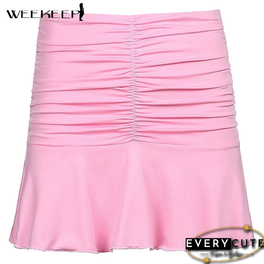 Weekeep Summer Ruched Pleated Skirt Women High Waist Fashion 90s Mini Skirts Lady Elegant New Beach Streetwear Clothes