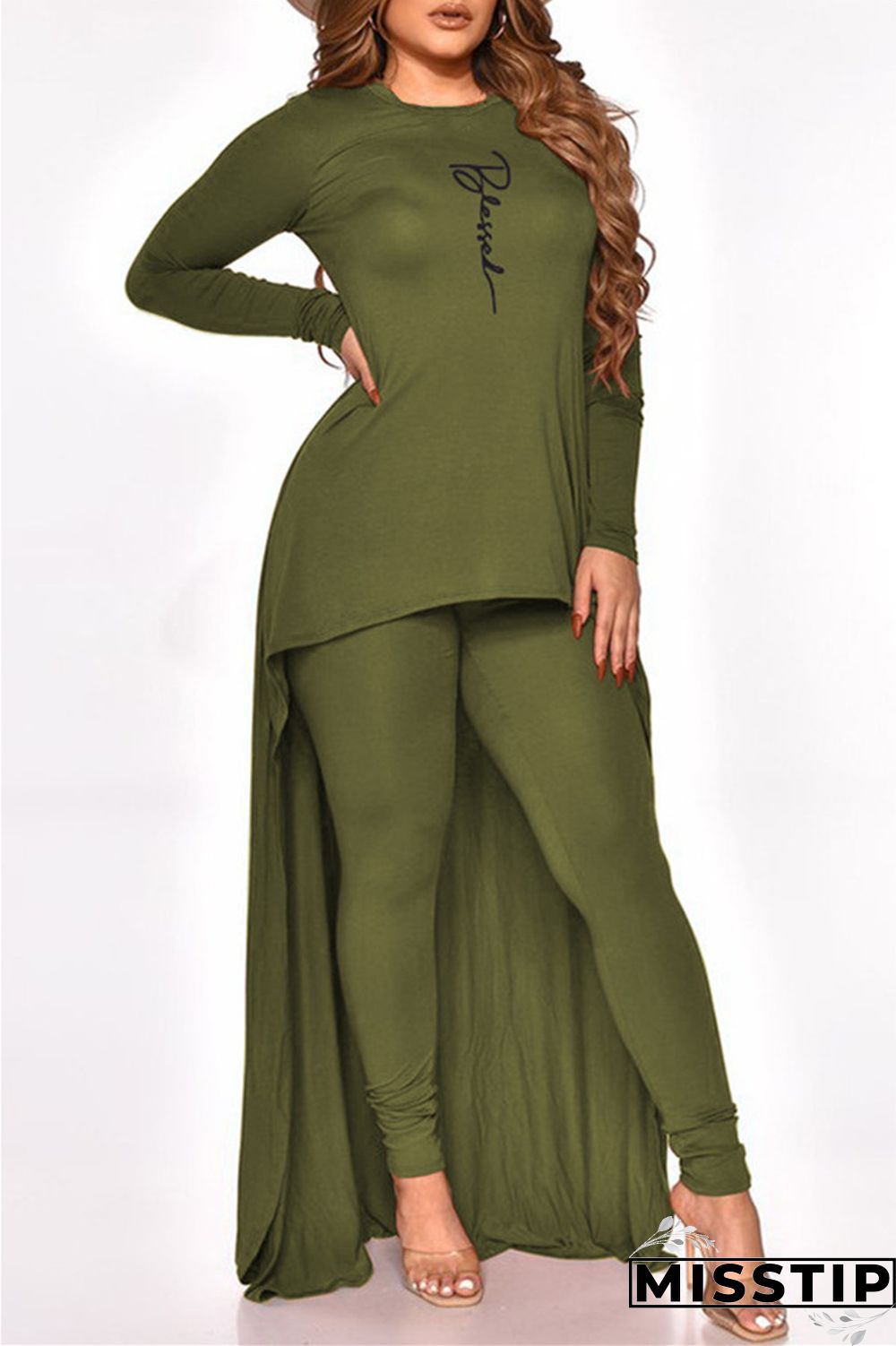 Black Fashion Casual Print Asymmetrical O Neck Plus Size Two Pieces