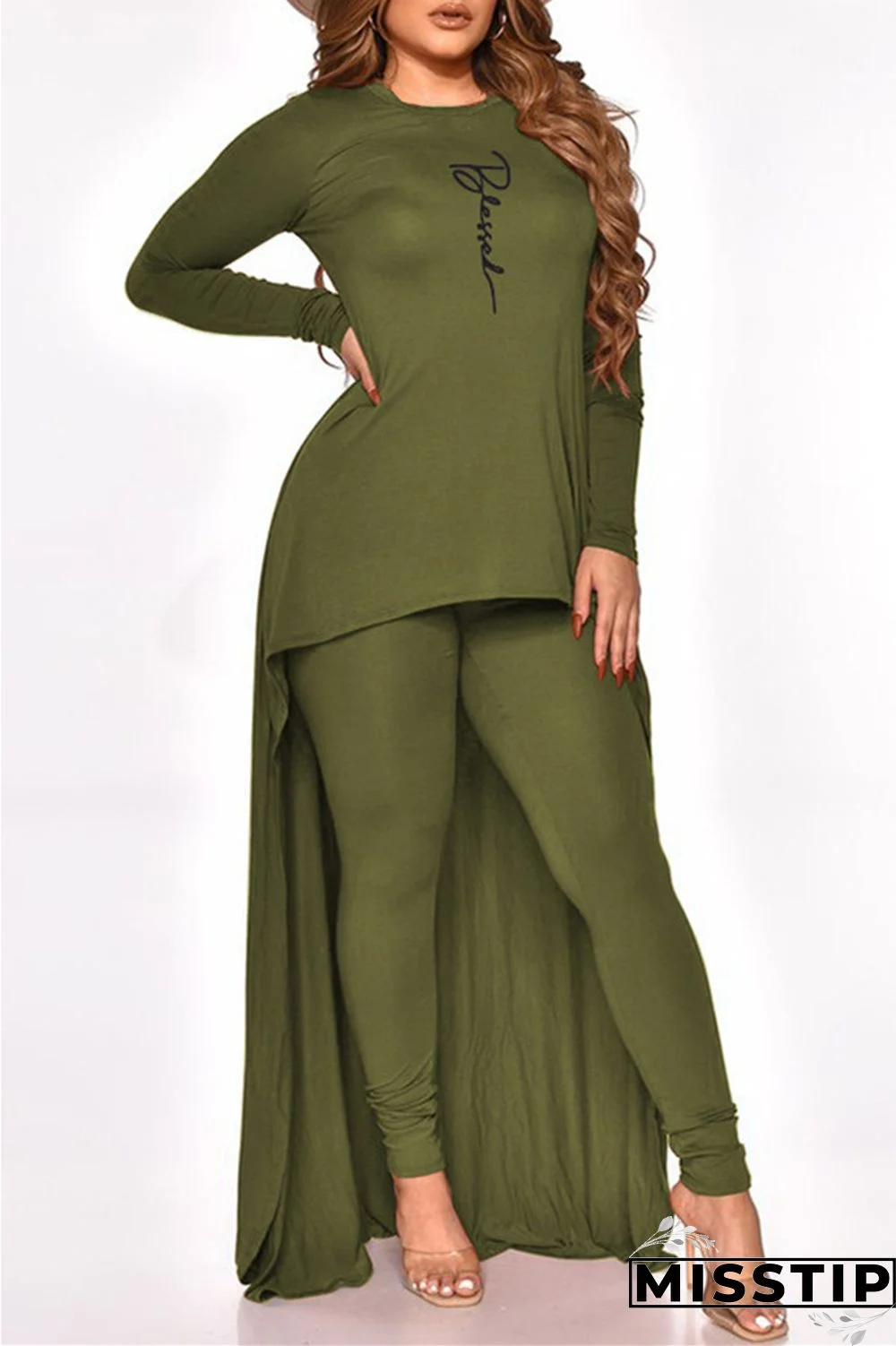 Black Fashion Casual Print Asymmetrical O Neck Plus Size Two Pieces