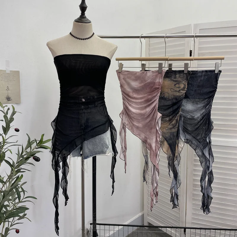 Uveng Real Shooting 2024 Summer New Dyed Printing Mesh Yarn Chest Sleeveless Top Irregular Ribbon Vest 9956