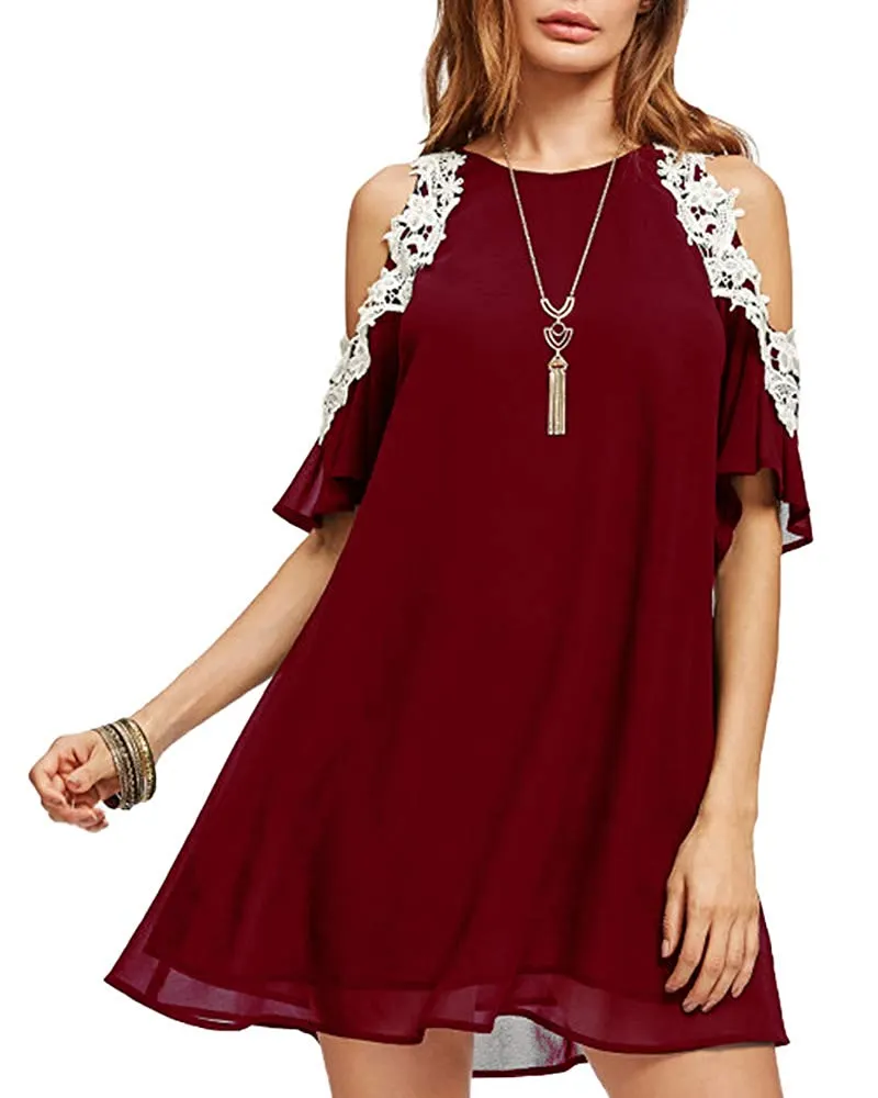 Summer Chiffon Lace Dress Ladies Cold Sleeve Casual Plus Size S-XXXXL Sundress Women Solid Elegant Party Dress