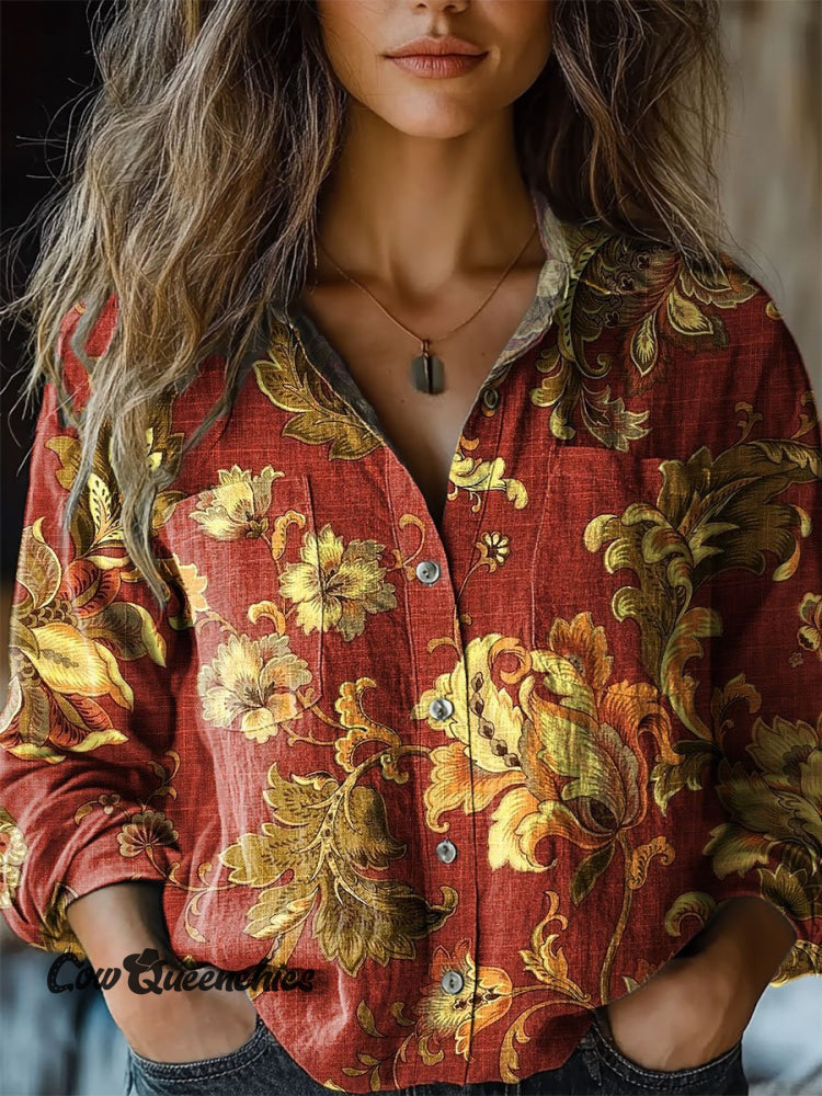 Women’s Vintage Flower Art Print Casual Long Sleeve Comfortable Cotton Shirt Multicolor / S