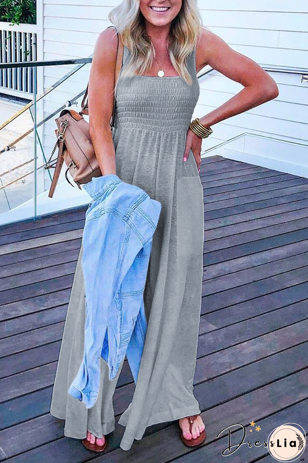 Solid Color Sleeveless Wide Leg Jumpsuit