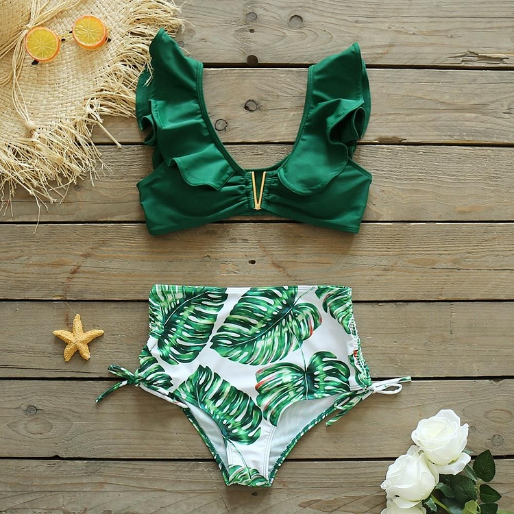 Flaxmaker Ruffle V-neck Leaves Print Bikini Swimsuit