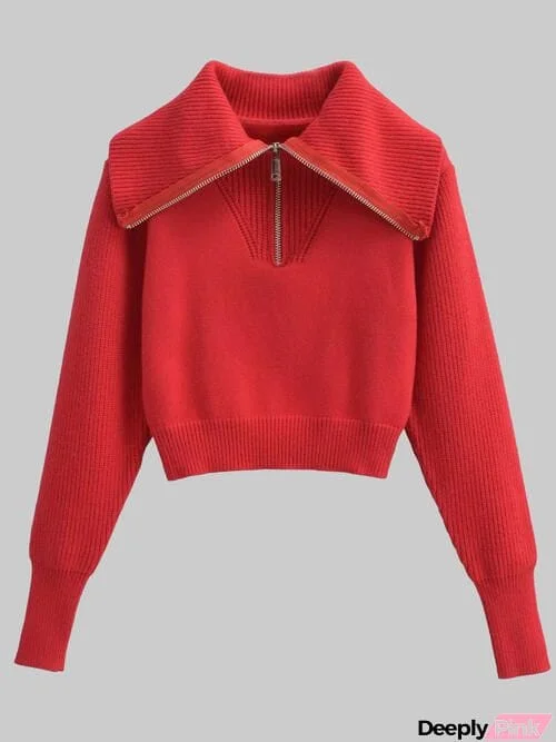 Half Zip Ribbed Collared Neck Knit Top