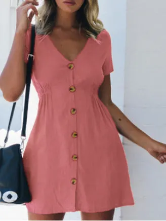 Uveng Street Hipster Solid Color V-neck Slim-fit Button High Waist Dress