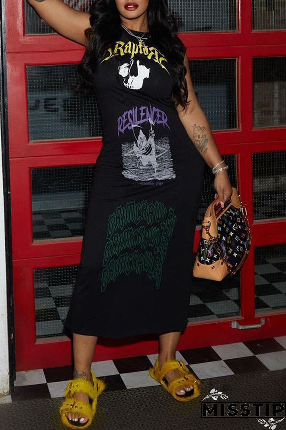 Black Casual Street Print Patchwork O Neck Straight Dresses