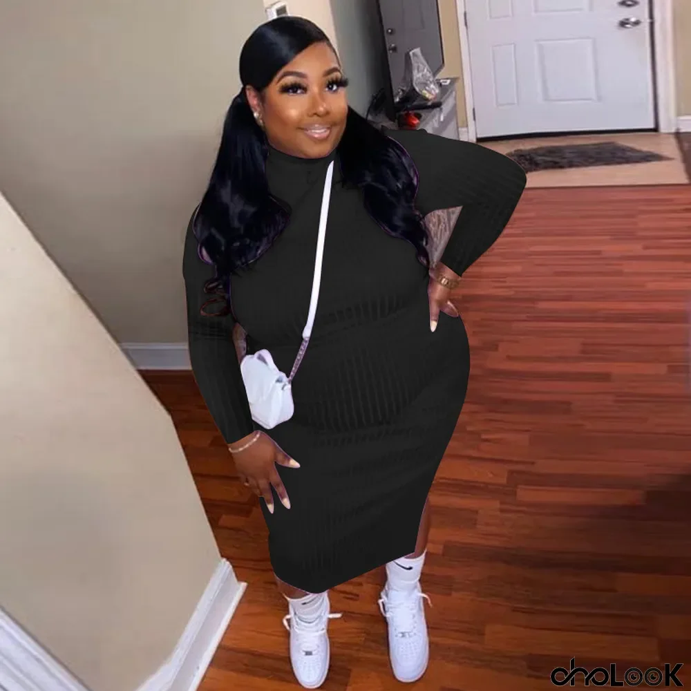 Plus Size Solid Split Midi Dress