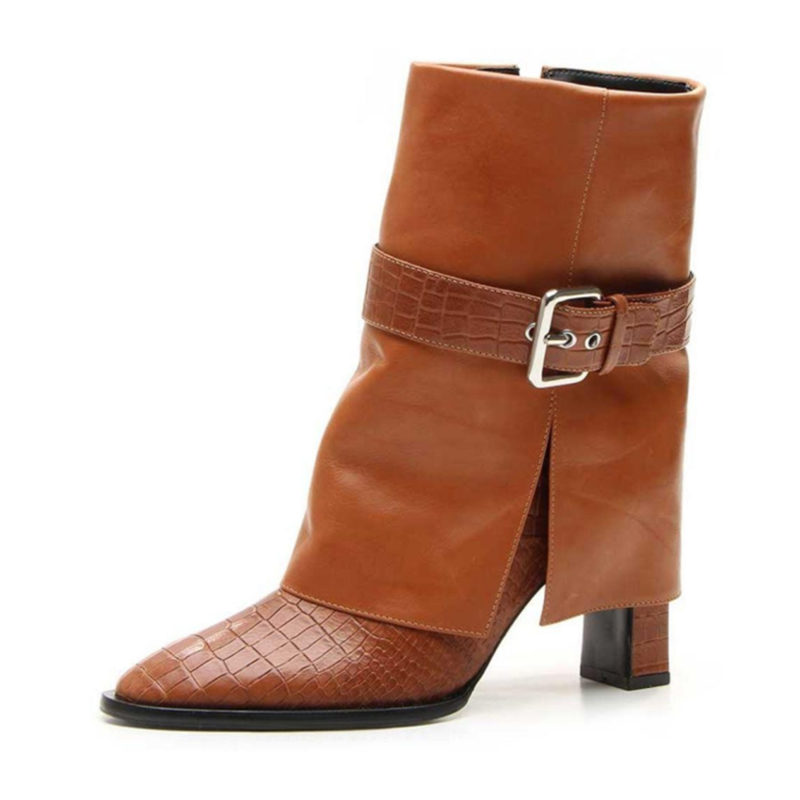 GOOSHOE Belt Buckles Shoes Woman High Chunky Heels Short Booties Overlay Pants Ankle Boots Stone Prints