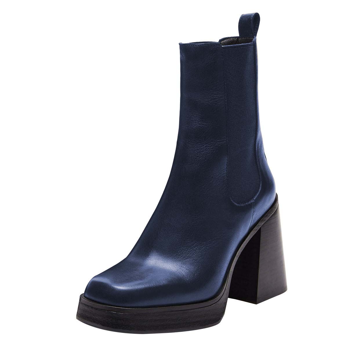 Navy Pull Tab Square Toe Chunky Heel Ankle Boots with Platform Nicepairs