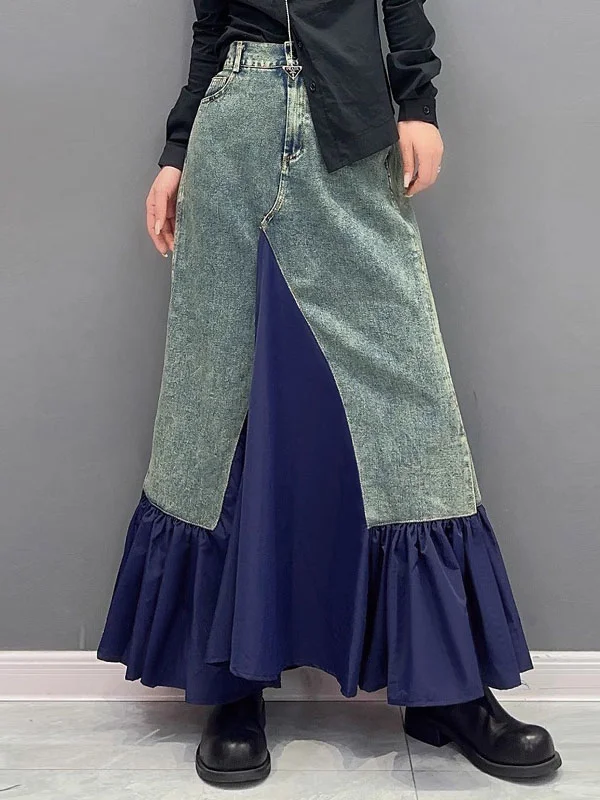 A-Line Loose Asymmetric Buttoned Pleated Pockets Split-Joint Skirts Bottoms