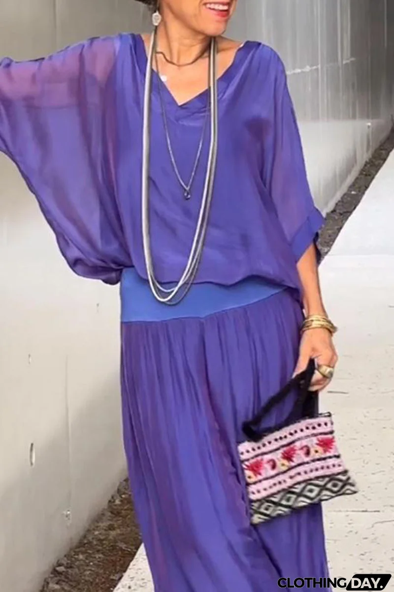 Elegant Solid Patchwork V Neck Half Sleeve Two Pieces