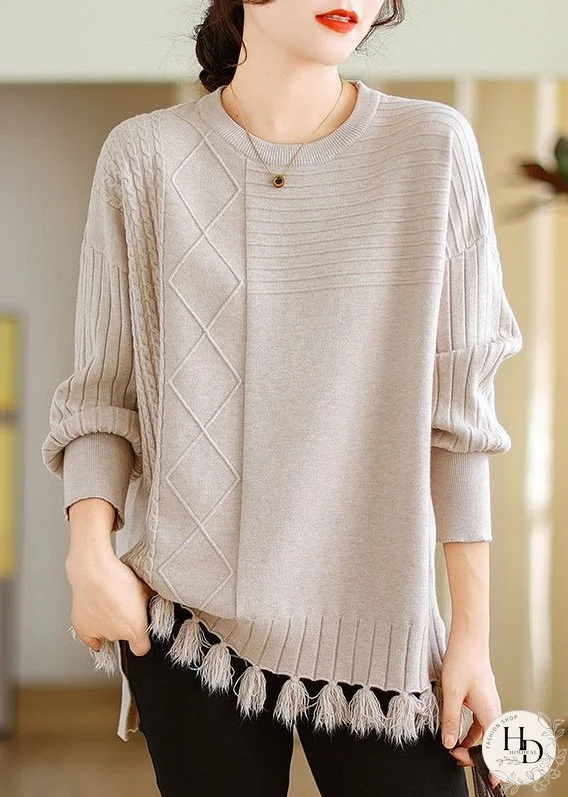 Women Beige O-Neck Tasseled Cotton Knit Tops Long Sleeve