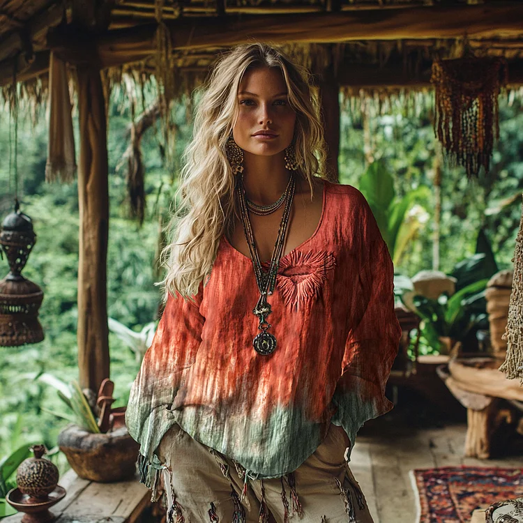 Utbros Vintage Boho Bohemian Gradient Linen Shirt