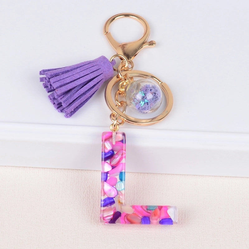Fashion Style 26 English Letters Keychain Crystal Epoxy Color Stone Letter Tassel Pendant Bag